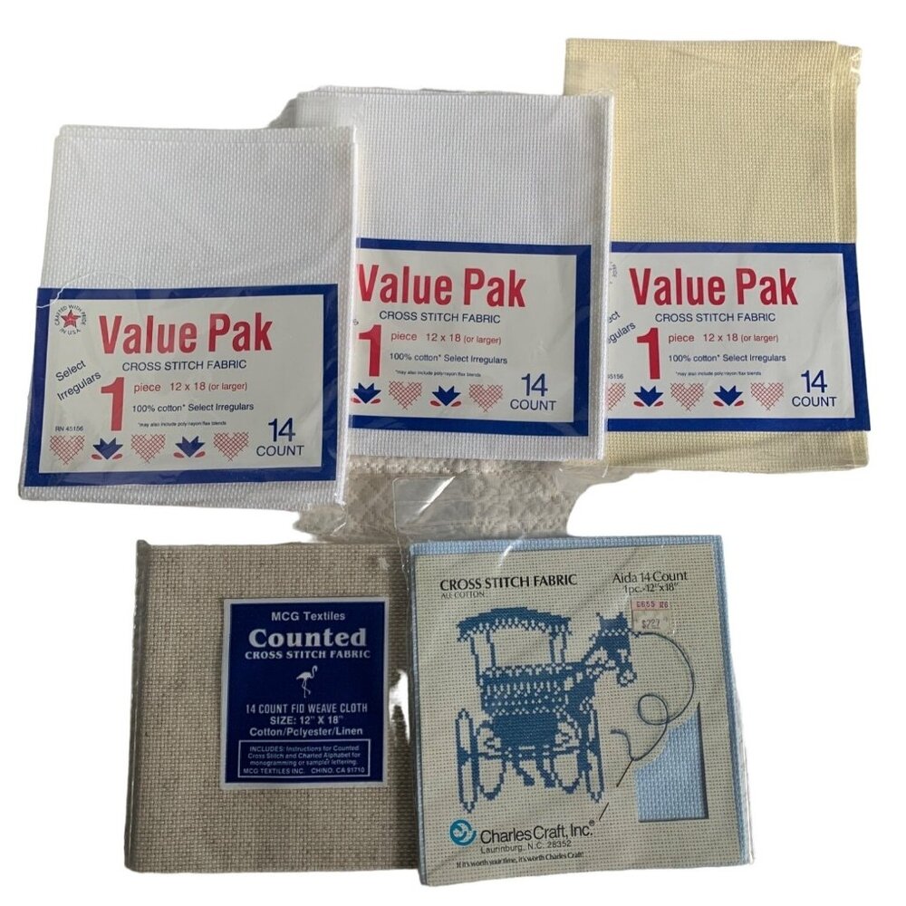 MCG Textiles Charles Craft 14 Count Cross Stitch Fabric Set of 5 - New